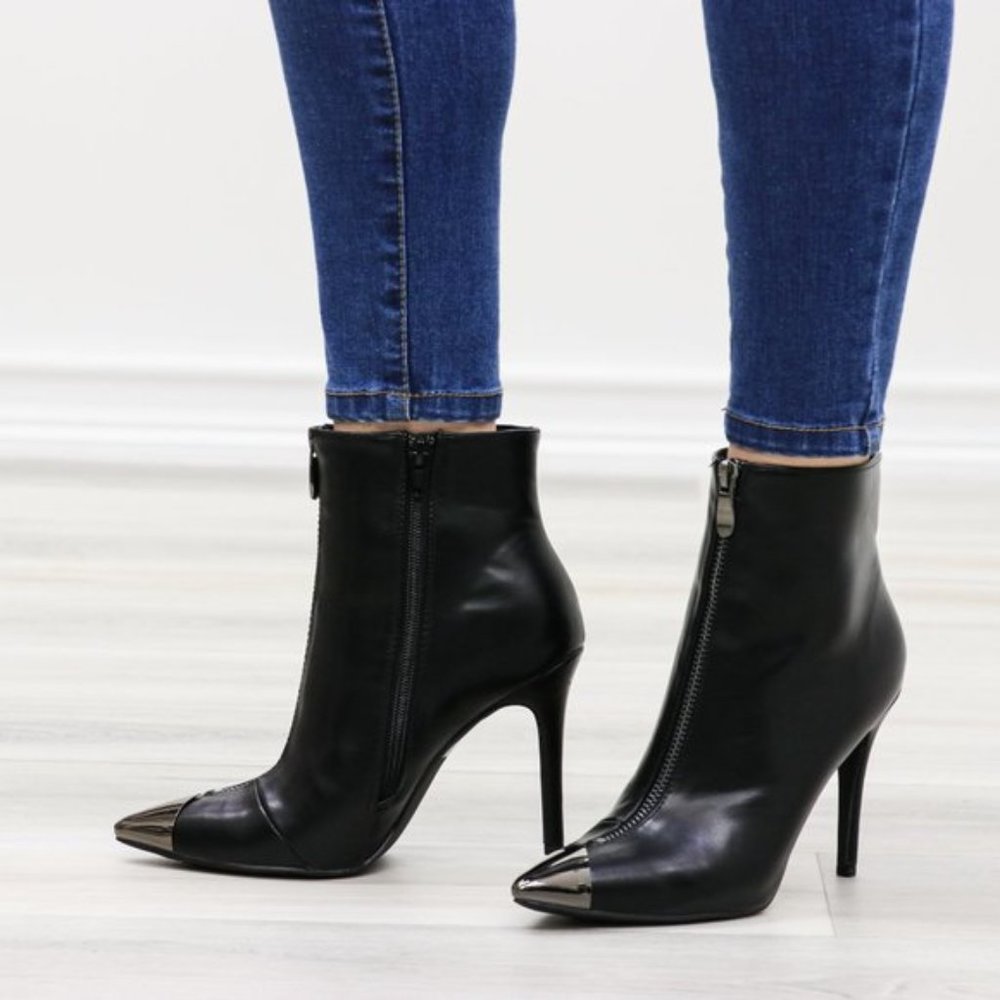 Pointy Toe Ankle Black Boots Faux Leather - Picture 5 of 14